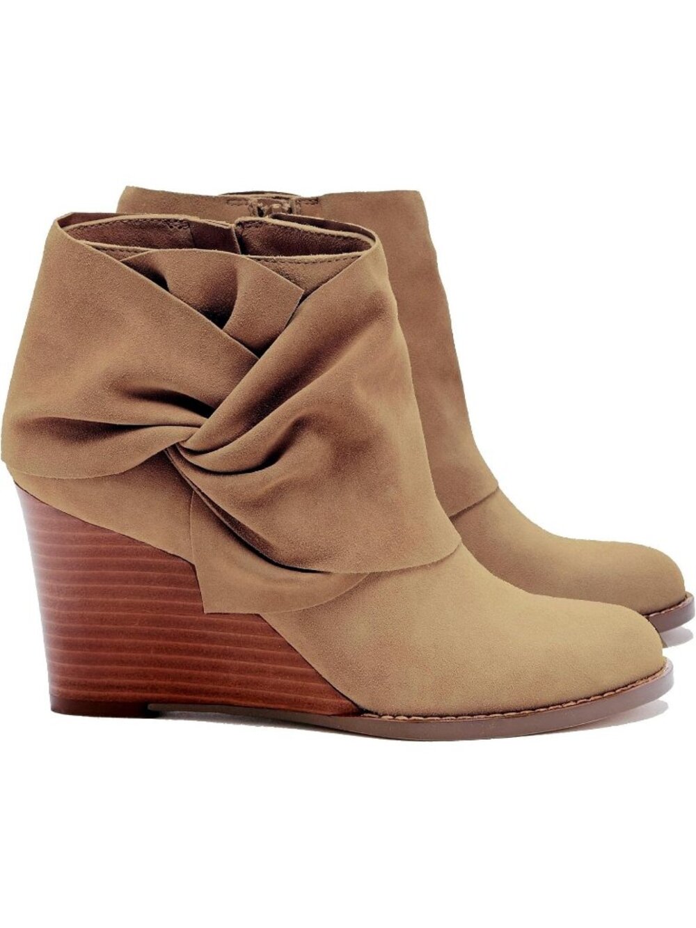 Women's Light Brown Faux Suede Bow Knot Stacked Wedge Western Ankle Heels Boots